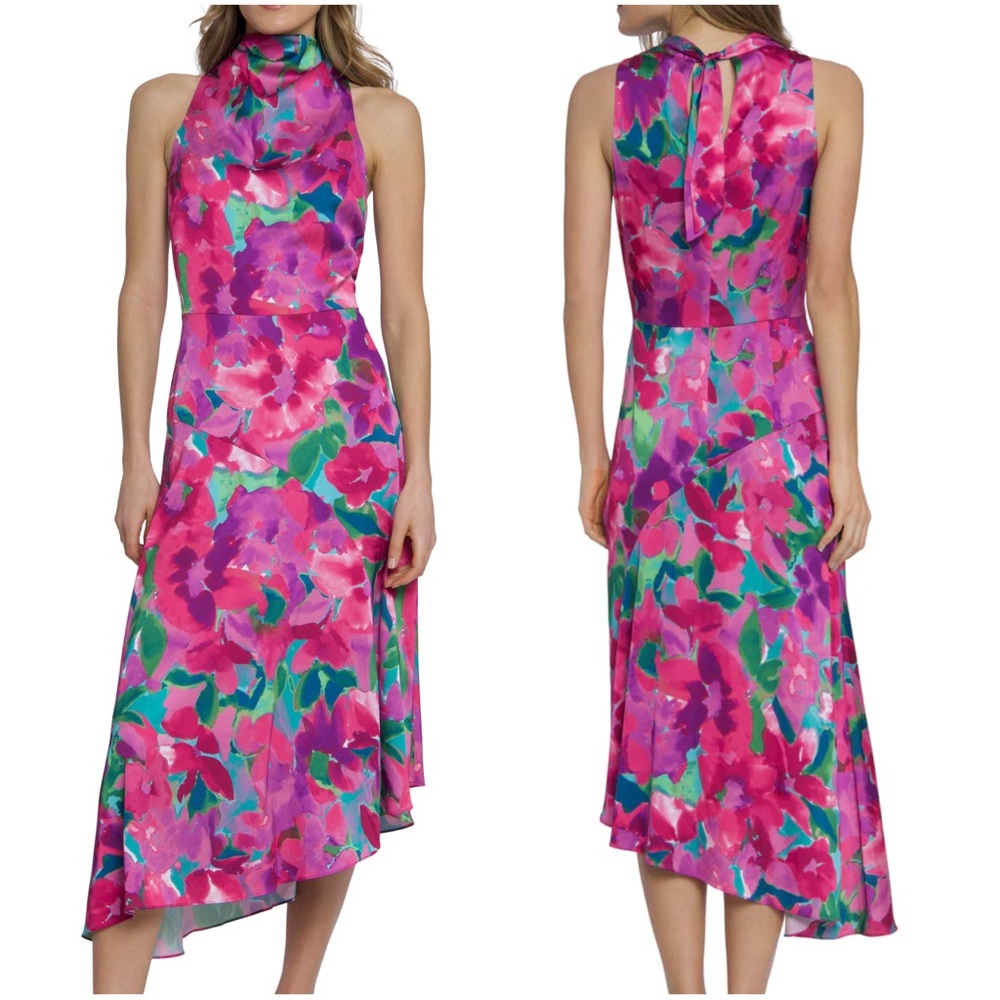Maggy London Mara Cowl Neck Asymmetrical Floral Midi Dress Size 8